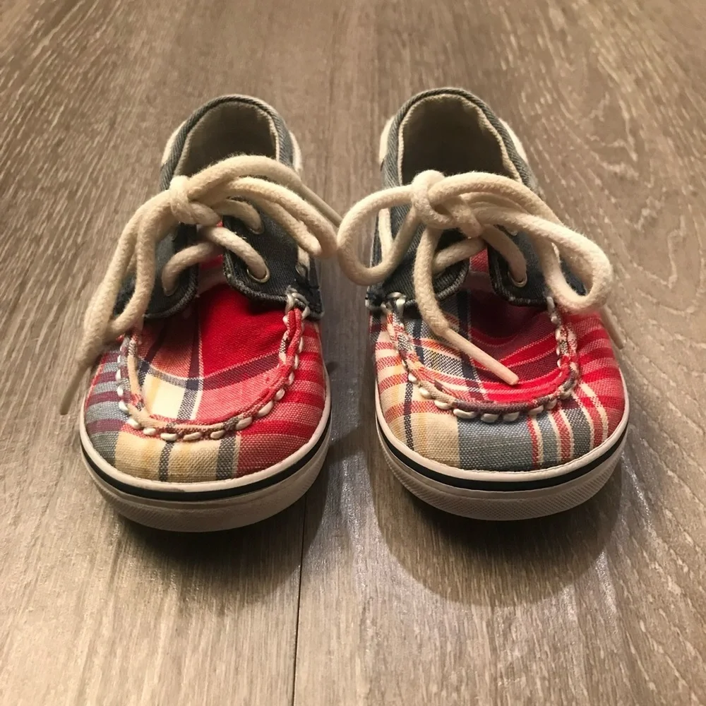 SPERRY Bahama Crib Plaid Canvas Lace Up Boat Shoes Baby Size 4M (4 Months).​